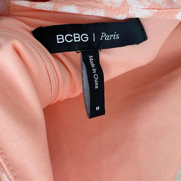 BCBG Paris Peach Pink Ruffle Dot Print Midi Dress Size Medium - Picture 9 of 15